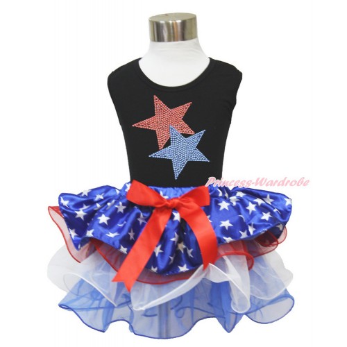 American's Birthday Black Baby Pettitop with Sparkle Crystal Bling Rhinestone Red Blue Twin Star Print with Red Bow Patriotic American Star Red White Blue Petal Newborn Pettiskirt NG1538